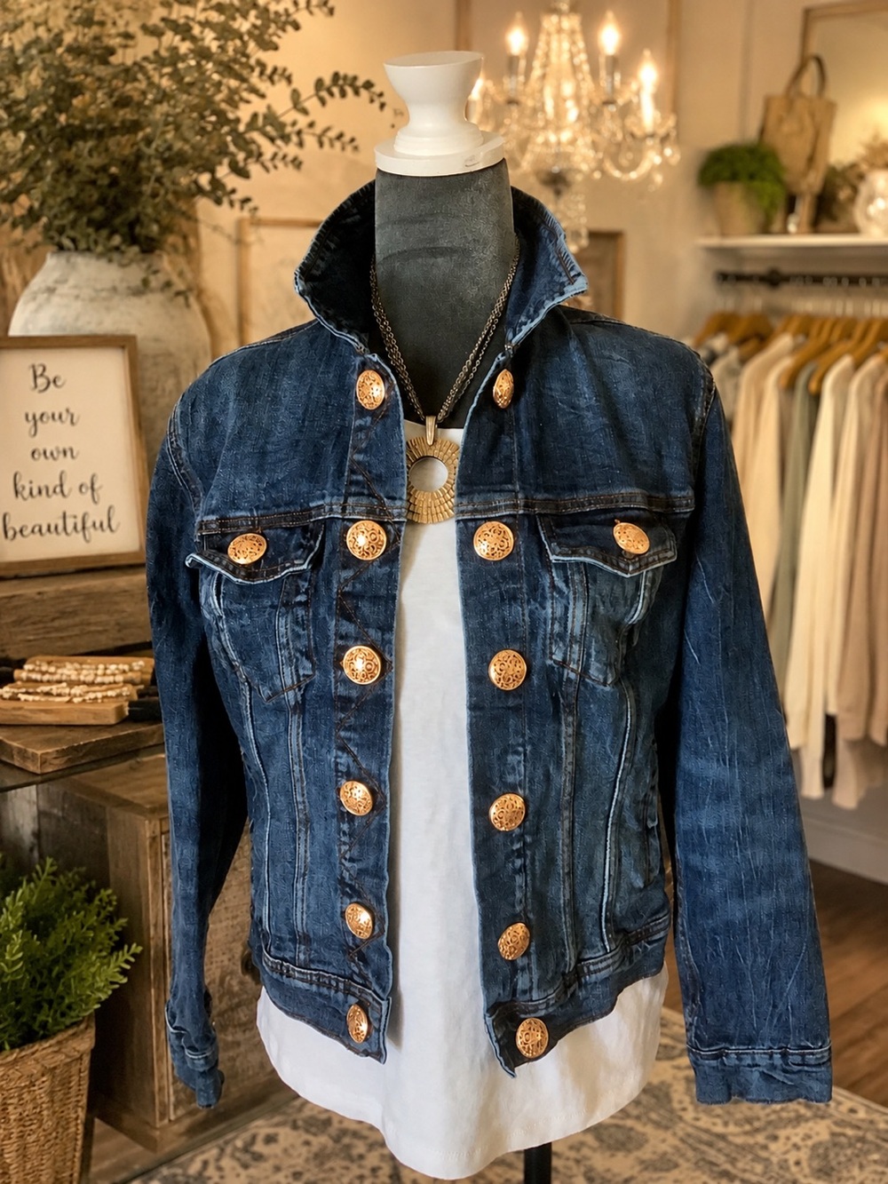 Denim jacket, boutique inspired, w embellished buttons, women S.